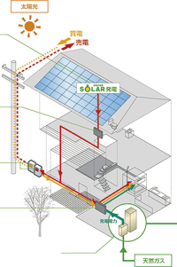 Power generation ・ Hot water equipment. Stick as standard equipment in the "standard plan", "ECOWILL" power generation system in which the clean natural gas as fuel. By W power generation with solar power, Power generation amount is also up. Achieve a friendly living in households in the Earth. (W power generation system conceptual diagram)