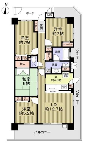 Floor plan. 4LDK, Price 30,900,000 yen, Occupied area 91.78 sq m , Balcony area 34.38 sq m