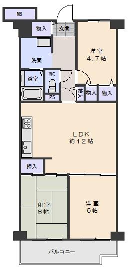 Floor plan. 3LDK, Price 7 million yen, Occupied area 64.85 sq m , Balcony area 7.69 sq m