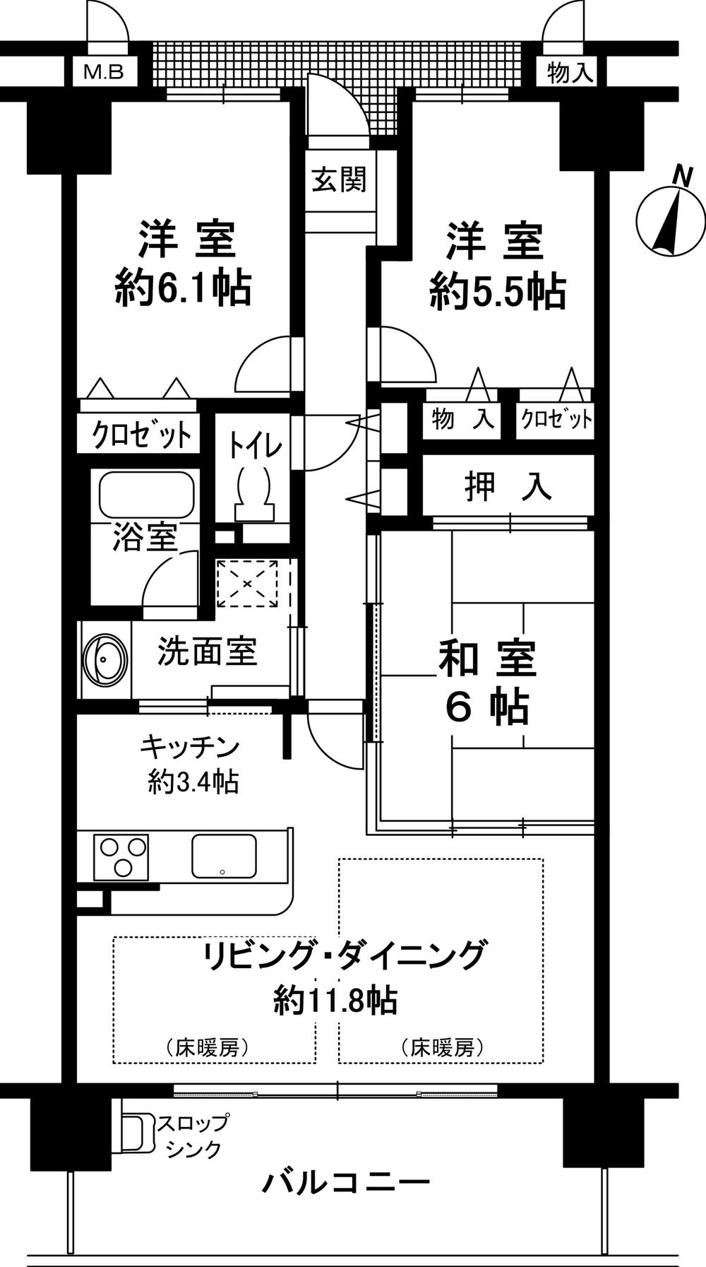 Floor plan. 3LDK, Price 19,800,000 yen, Footprint 74.4 sq m , Balcony area 12.6 sq m
