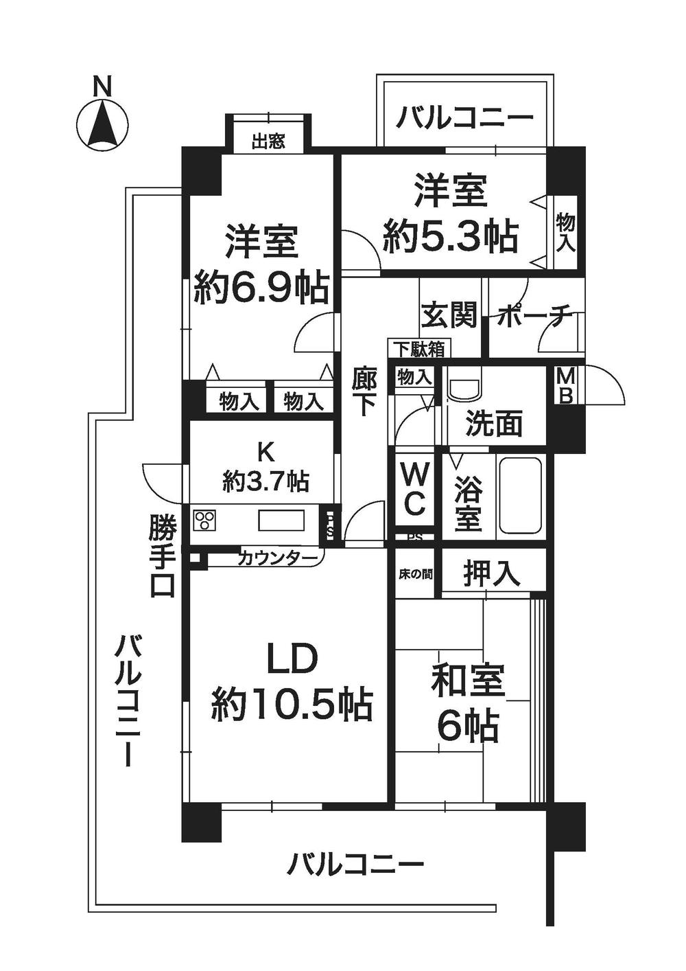 Floor plan. 3LDK, Price 23.8 million yen, Occupied area 77.68 sq m , Balcony area 36 sq m