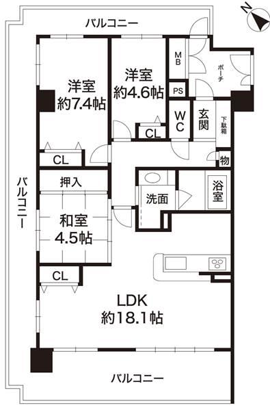 Floor plan. 3LDK, Price 23,900,000 yen, Footprint 78.6 sq m , Balcony area 33.73 sq m