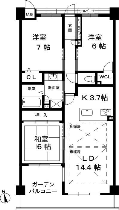Floor plan. 3LDK, Price 29.5 million yen, Occupied area 80.57 sq m , Balcony area 15.34 sq m