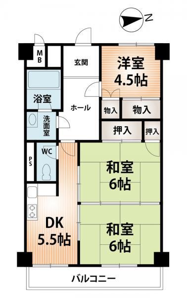 Floor plan. 3DK, Price 5.5 million yen, Footprint 55.8 sq m , Balcony area 5.87 sq m
