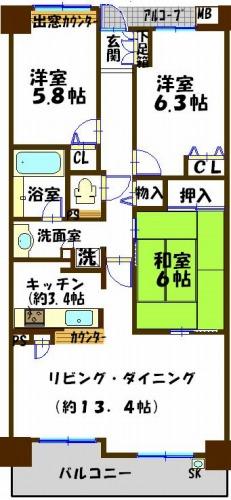 Floor plan. 3LDK, Price 18,800,000 yen, Occupied area 76.59 sq m , Balcony area 10.16 sq m