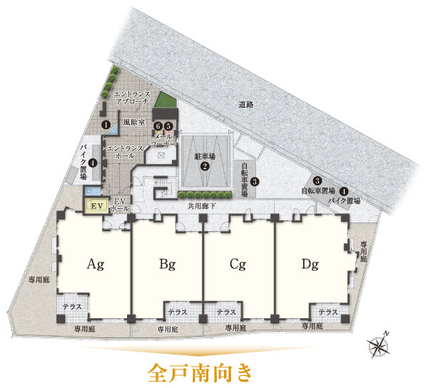 Features of the building.  [Land Plan] When I returned from a walk, Multipurpose washing place that can wash the pet's feet. Home delivery box that can receive home delivery product in the absence. 19 bikes shelter, 5 bikes yard, On-site parking six. Shared space of enhancement are available (site layout)
