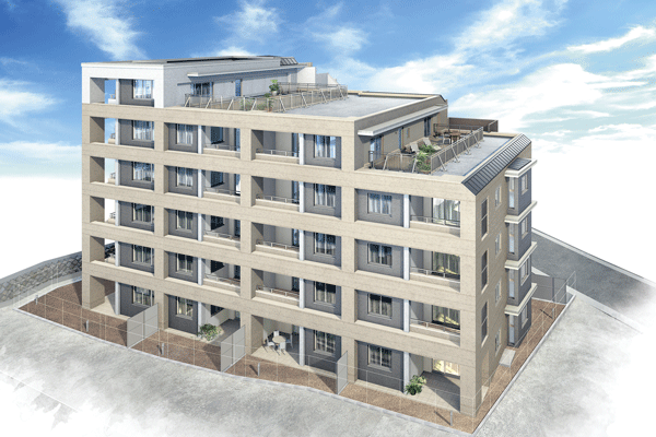 Features of the building.  [appearance] Zenteiminami direction, The adoption of Gyakuhari Haisasshi other about 2.2m was realized more than 50% the corner dwelling unit rate, Comfortable living space will produce a high-quality private with a room (Rendering)