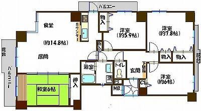 Floor plan. 4LDK, Price 12.8 million yen, Occupied area 96.82 sq m , In two-sided balcony of balcony area 12.85 sq m square room, Day ・ Ventilation is good. You can comfortably use in storage have in each room.