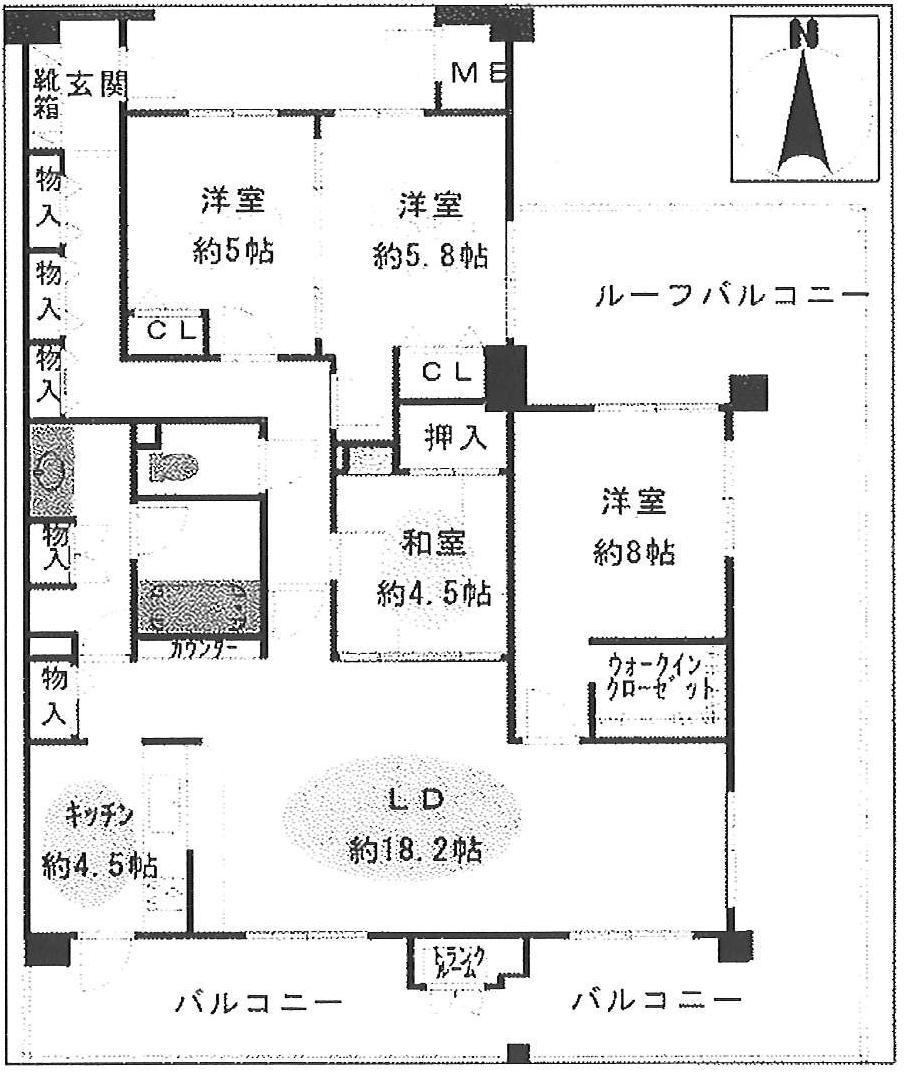 Floor plan. 4LDK, Price 37,700,000 yen, Footprint 101.87 sq m , 4LDK with a focus on LDK of balcony area 22.72 sq m 22.7 Pledge The corner lot, Day ・ ventilation ・ Good view There is a store which a sense of unity is to the front door from the hallway.