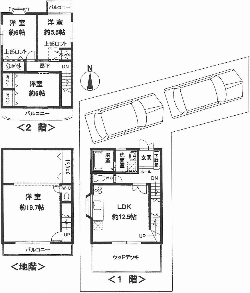 Floor plan. 31,800,000 yen, 4LDK, Land area 115.78 sq m , Per day per building area 116.64 sq m south-facing ・ Ventilation good! Spacious wood deck will be a place of relaxation of the family. I basement of Western-style has become the size of a room and about 19.7 Pledge.