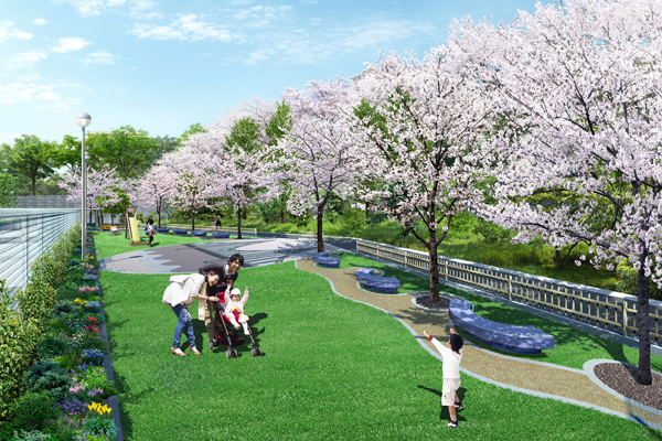 Buildings and facilities. It established the Grand Park with a promenade on the site north. Such as in the spring draw a little cherry trees can enjoy cherry-blossom viewing, Is the space to encourage petting between residents (Grand Park Rendering)