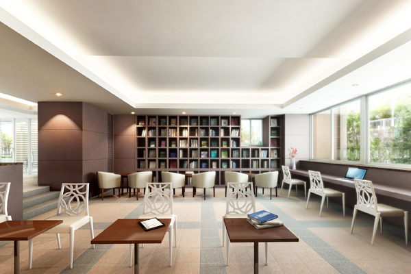 Buildings and facilities. Library lounge by the tie-up of the Kinokuniya. Many books are lineup, You can browse free (library lounge Rendering)