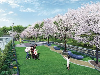Grand Park, which is colored by cherry trees. Also provided promenade and children's play equipment. In the spring you can enjoy cherry blossom viewing (Rendering)