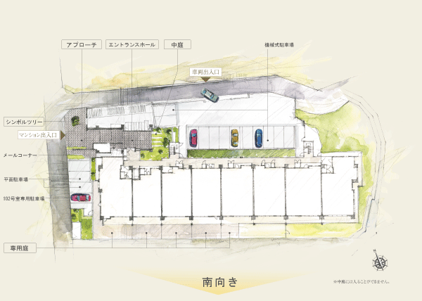 Features of the building.  [Land Plan] "Diaesuta Mio Tarumi Goshikiyama" is taking advantage of the site shape that spread from east to west, Planning a residential building located in the south-facing center. This, Comfortable space to receive the bright light and refreshing wind has is realized (site layout)