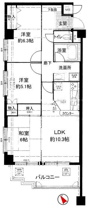 Floor plan. 3LDK, Price 8.5 million yen, Footprint 64.2 sq m , Balcony area 8.7 sq m