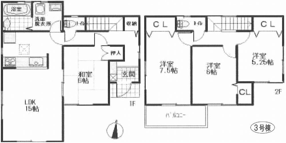 Floor plan. (3 Building), Price 34,800,000 yen, 4LDK, Land area 115.09 sq m , Building area 96.05 sq m