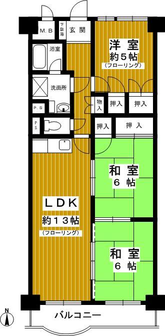 Floor plan. 3LDK, Price 11.5 million yen, Footprint 68.4 sq m , Balcony area 7.6 sq m