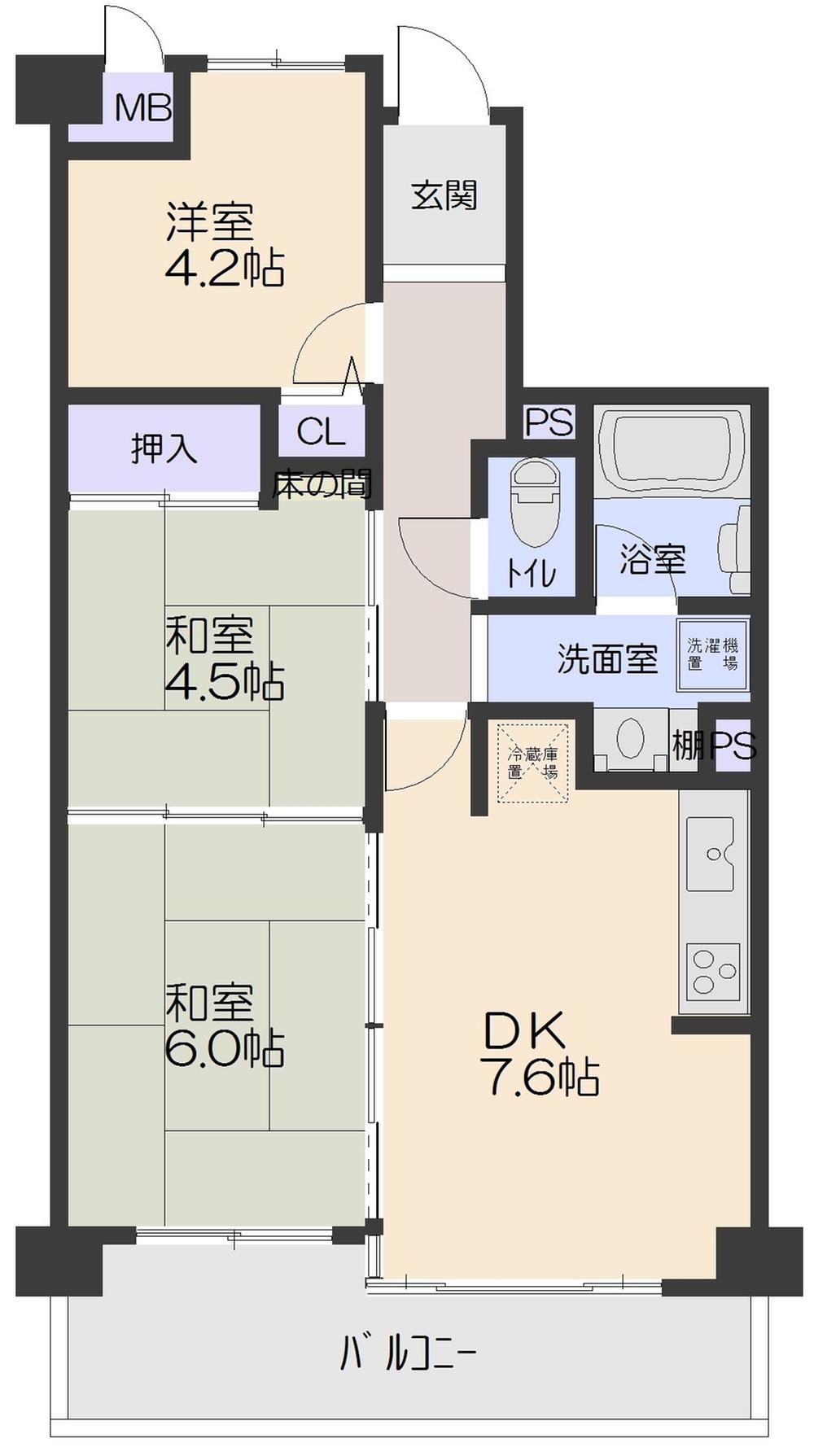Floor plan. 3LDK, Price 12.8 million yen, Occupied area 57.84 sq m , Balcony area 9.06 sq m