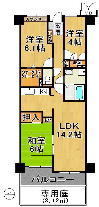 Floor plan. 3LDK, Price 13.8 million yen, Occupied area 69.06 sq m , Balcony area 9.74 sq m