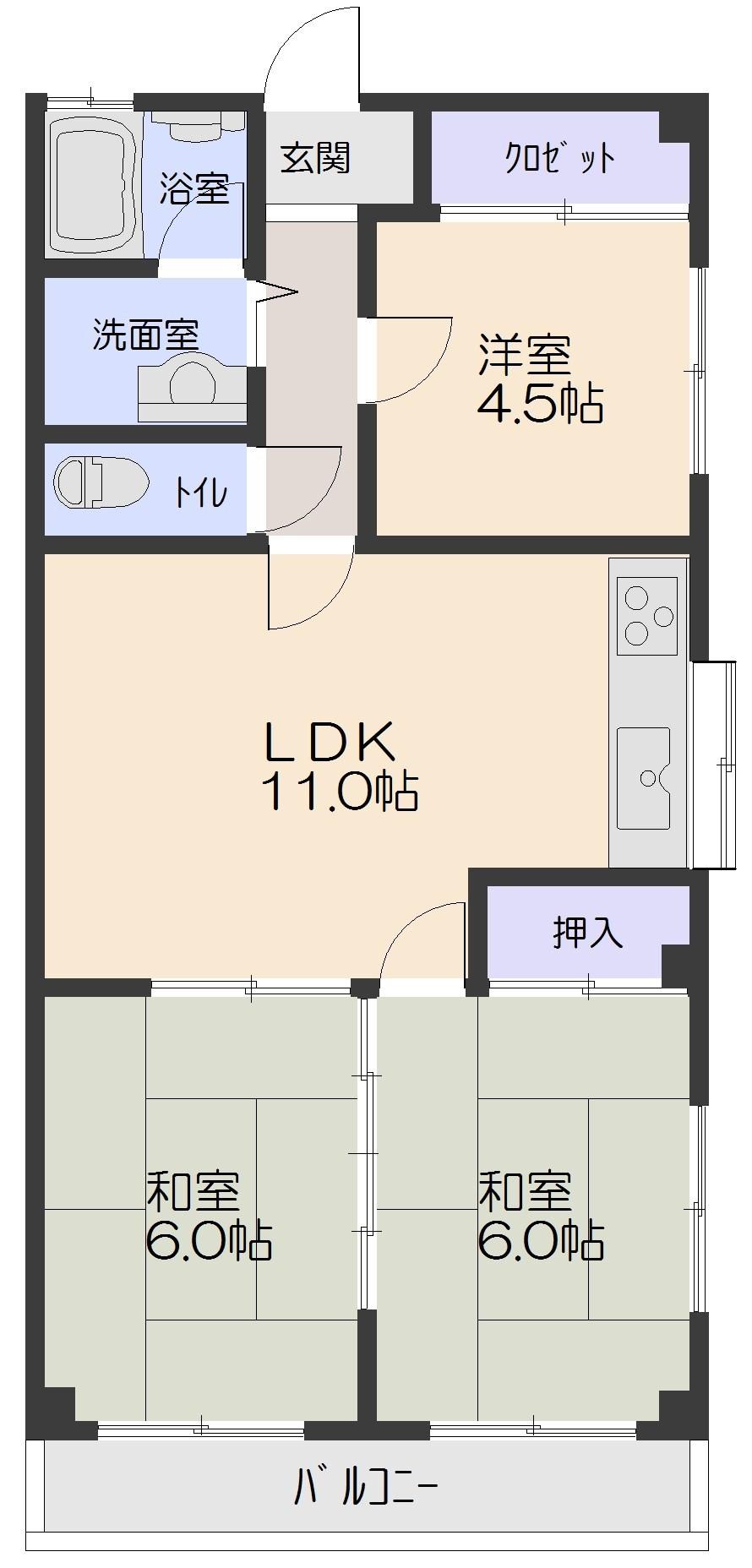 Floor plan. 3LDK, Price 5.8 million yen, Occupied area 58.39 sq m , Balcony area 5.4 sq m