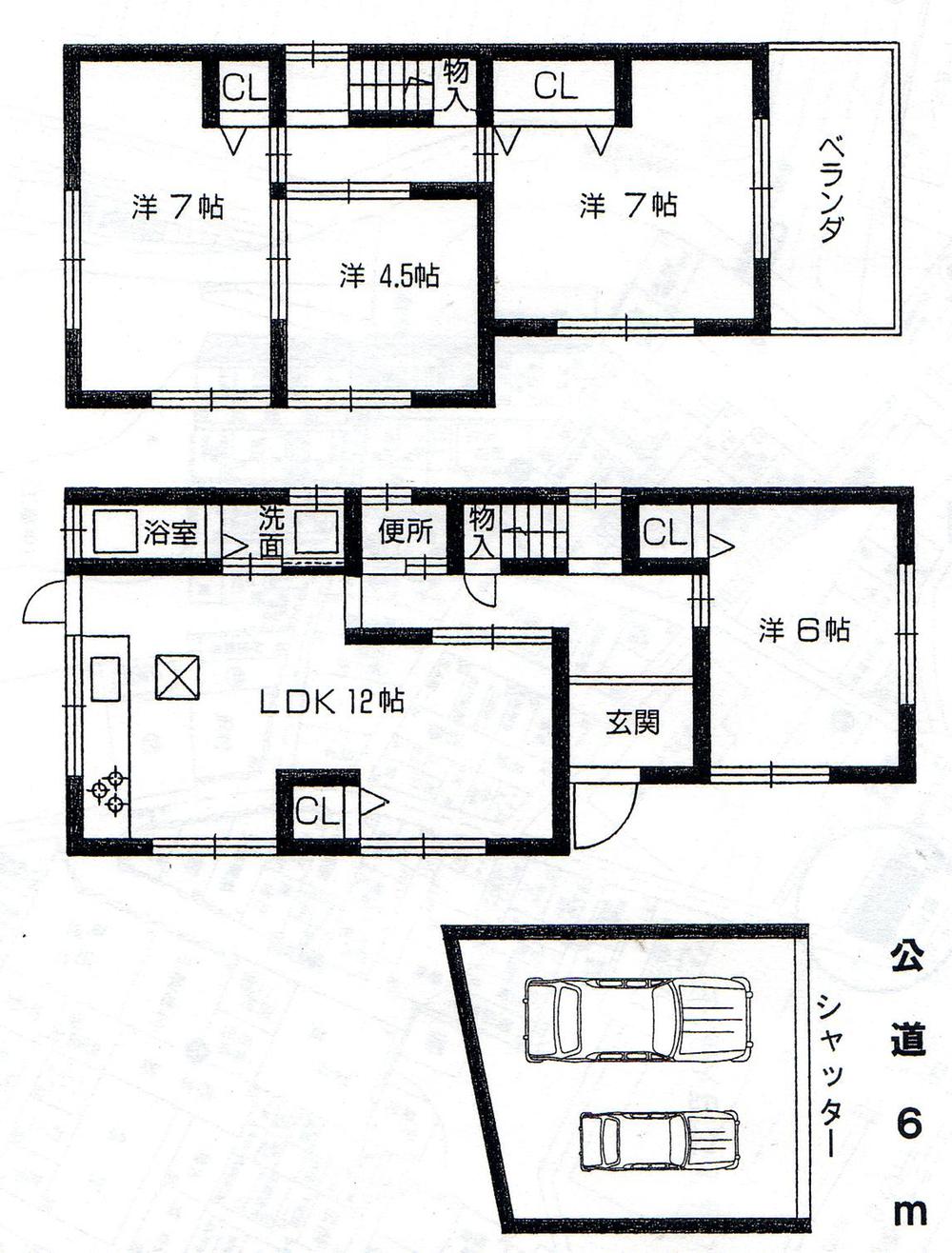 Floor plan. 14.8 million yen, 4LDK, Land area 86.62 sq m , Building area 83.63 sq m garage two Allowed ・ Interior ・ Exterior already ・ Public roads of the front road 6m