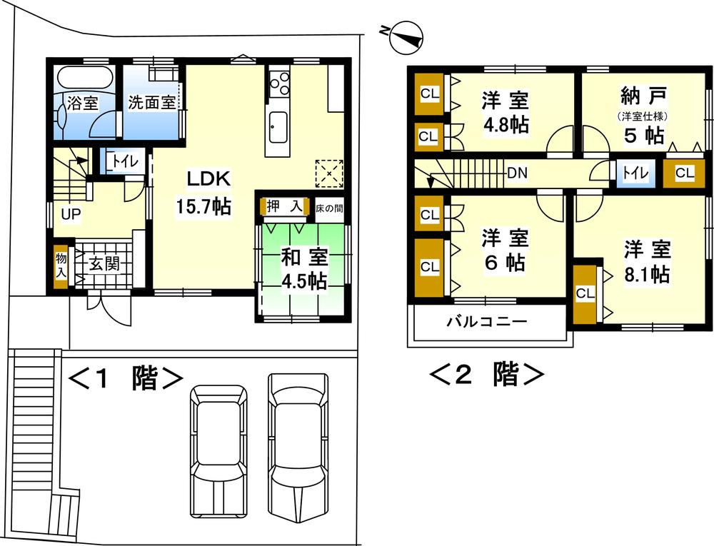 Floor plan. 30,800,000 yen, 5LDK, Land area 128.42 sq m , 2 car in the building area 128.42 sq m car space is parallel