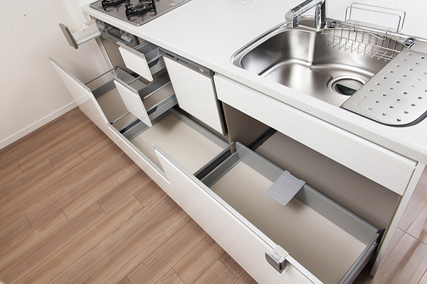 Kitchen.  [Slide storage (with soft closers)] Slide storage can hold pots and tableware. Us with automatic adjust the speed in front of closed soft closer function (same specifications)