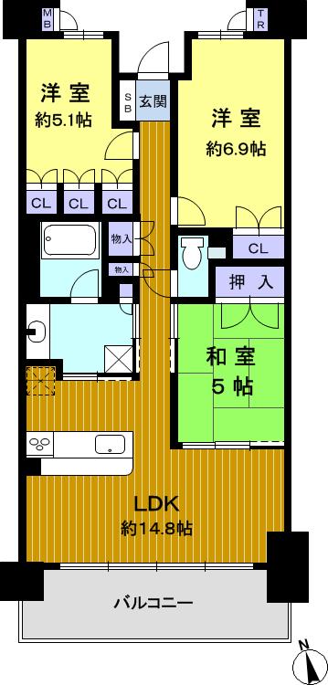 Floor plan. 3LDK, Price 18,800,000 yen, Occupied area 74.42 sq m , Balcony area 12.4 sq m