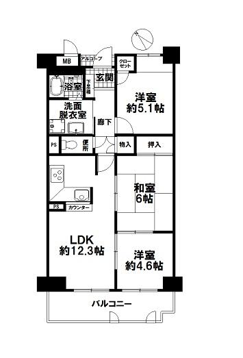 Floor plan. 3LDK, Price 8.8 million yen, Occupied area 62.88 sq m , Balcony area 8.45 sq m