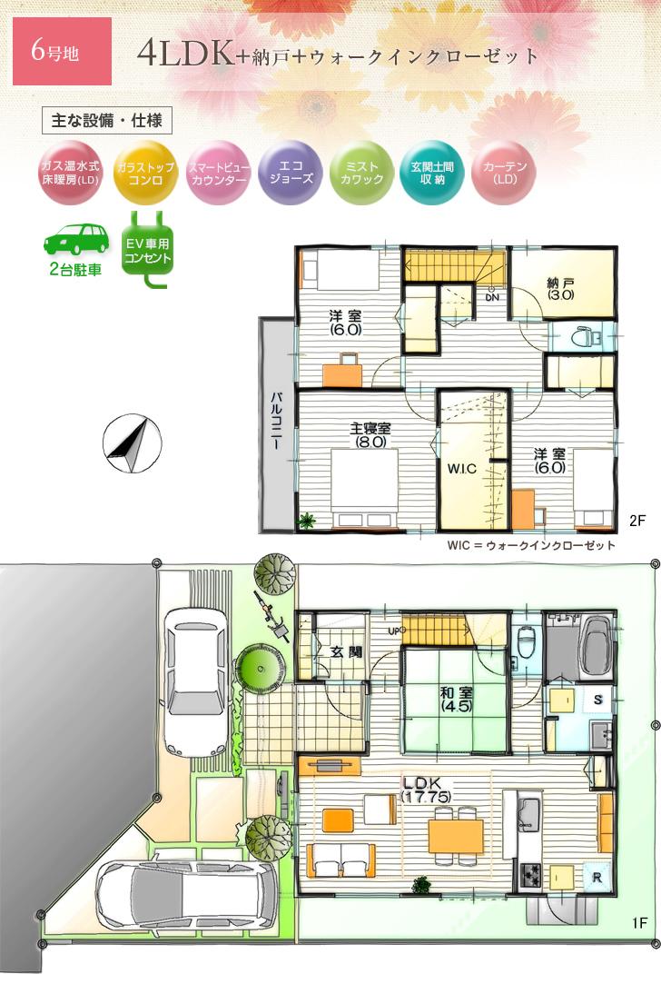 Floor plan.  [No. 6 areas] So we have drawn on the basis of the Plan view] drawings, Plan and the outer structure ・ Planting, such as might actually differ slightly from.  Also, furniture ・ car ・ The bicycle not included in the price. (WIC = walk-in closet)