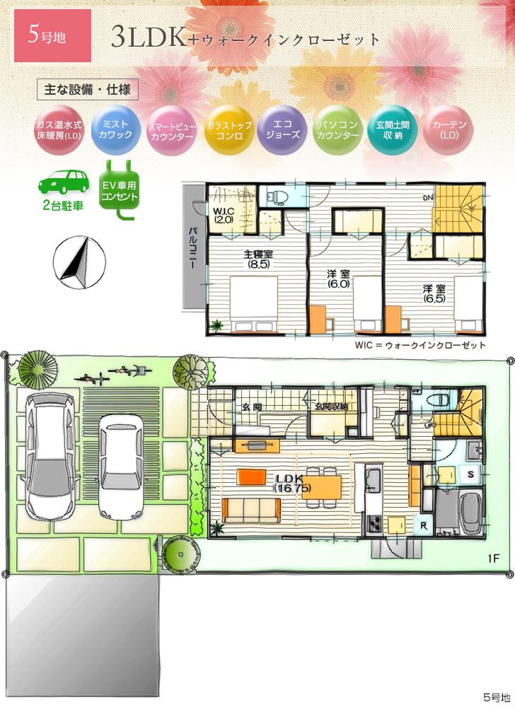 Floor plan.  [No. 5 areas] So we have drawn on the basis of the Plan view] drawings, Plan and the outer structure ・ Planting, such as might actually differ slightly from.  Also, furniture ・ car ・ The bicycle not included in the price. (WIC = walk-in closet)