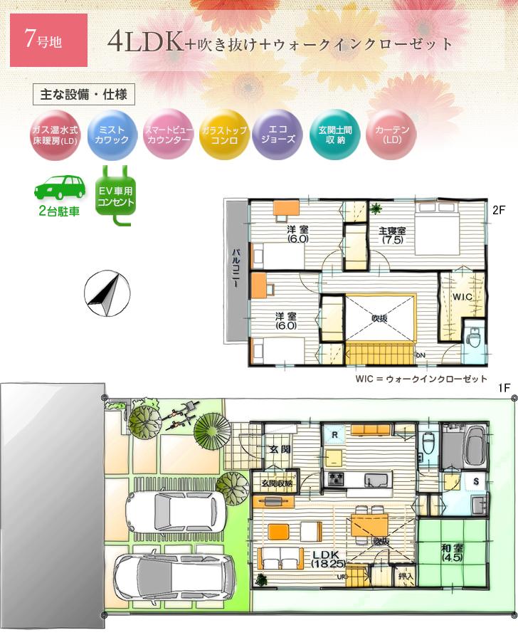 Floor plan.  [No. 7 land] So we have drawn on the basis of the Plan view] drawings, Plan and the outer structure ・ Planting, such as might actually differ slightly from.  Also, furniture ・ car ・ The bicycle not included in the price. (WIC = walk-in closet)