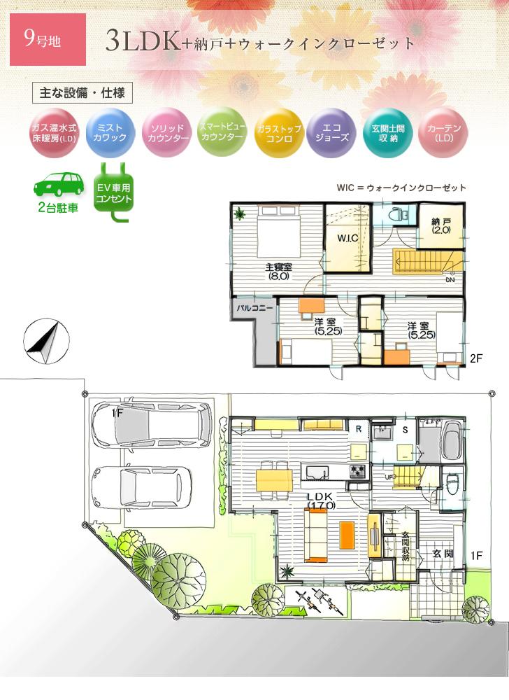 Floor plan.  [No. 9 areas] So we have drawn on the basis of the Plan view] drawings, Plan and the outer structure ・ Planting, such as might actually differ slightly from.  Also, furniture ・ car ・ The bicycle not included in the price. (WIC = walk-in closet)