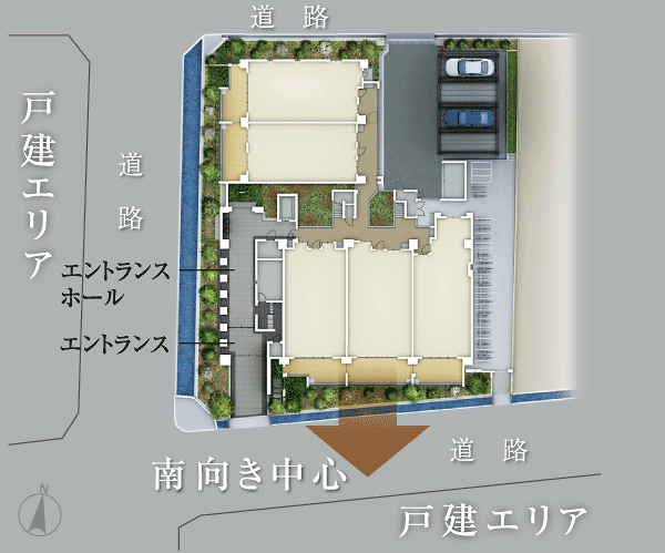 The property is adopted residential building arrangement was taking advantage of the location in the corner lot of three-way road. You have to be able to ensure a comfortable residential space. Also, South-facing dwelling unit and corner dwelling unit is also attractive large. Site layout