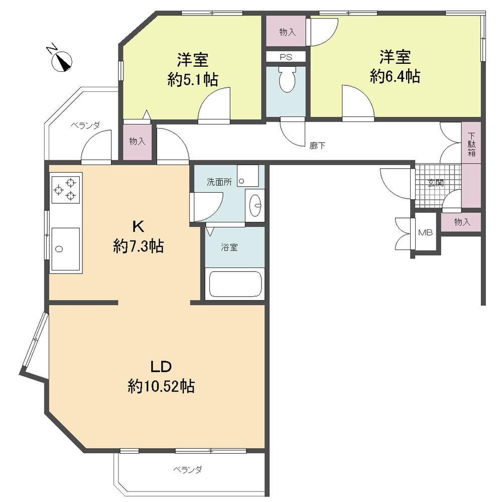 Floor plan. 2LDK, Price 29,800,000 yen, Footprint 76 sq m , Balcony area 7.57 sq m 17.8 quires spacious LDK