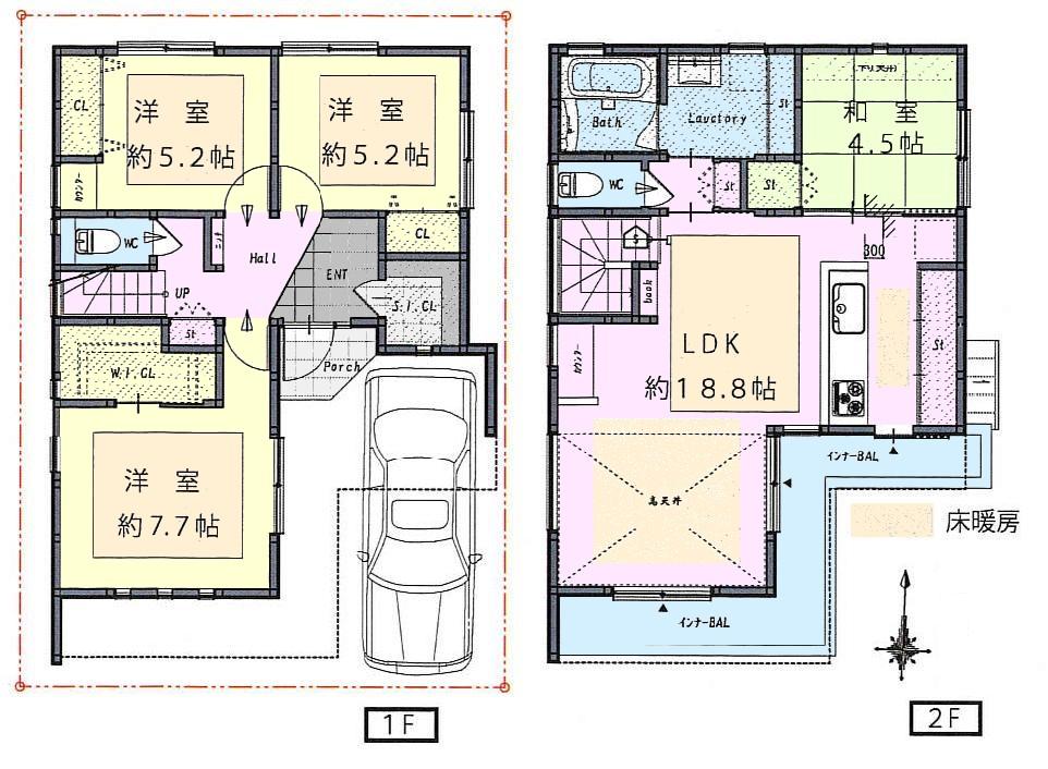 Floor plan. 42,800,000 yen, 4LDK, Land area 90.04 sq m , Building area 99.42 sq m floor heating six sides (LDK ・ All Western-style) Inner balcony