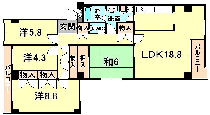 Floor plan. 4LDK, Price 22.5 million yen, Footprint 104.34 sq m , Balcony area 12.36 sq m