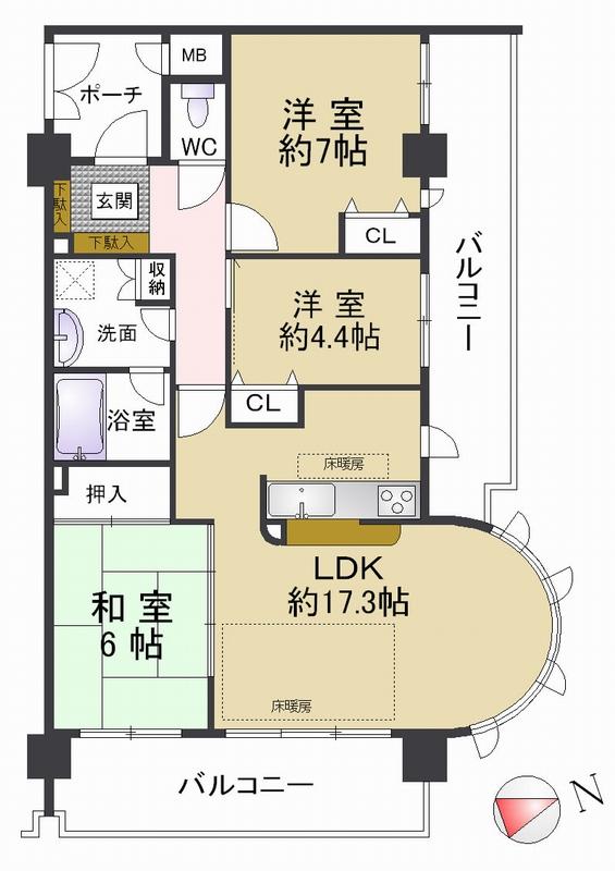 Floor plan. 3LDK, Price 31,800,000 yen, Occupied area 75.97 sq m , Balcony area 22.64 sq m