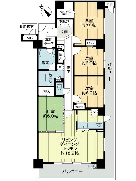Floor plan. 4LDK, Price 30,800,000 yen, Footprint 101.66 sq m , Balcony area 27.98 sq m