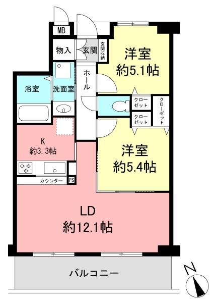 Floor plan. 2LDK, Price 22,800,000 yen, Occupied area 56.52 sq m , Balcony area 9.82 sq m Floor