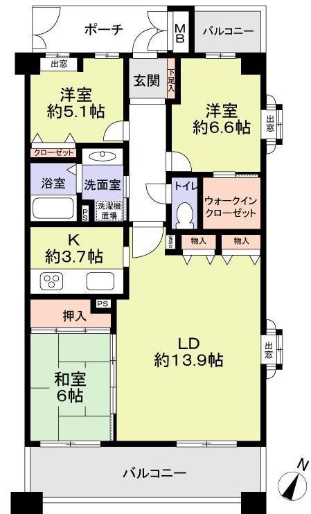 Floor plan. 3LDK, Price 32,800,000 yen, Occupied area 80.27 sq m , Balcony area 15.82 sq m