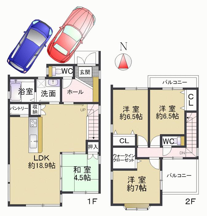 Floor plan. 42,900,000 yen, 4LDK, Land area 117.19 sq m , In spacious grounds of the building area 104.49 sq m site area of about 35 square meters, It is designed in the balanced plan of the garage two of space