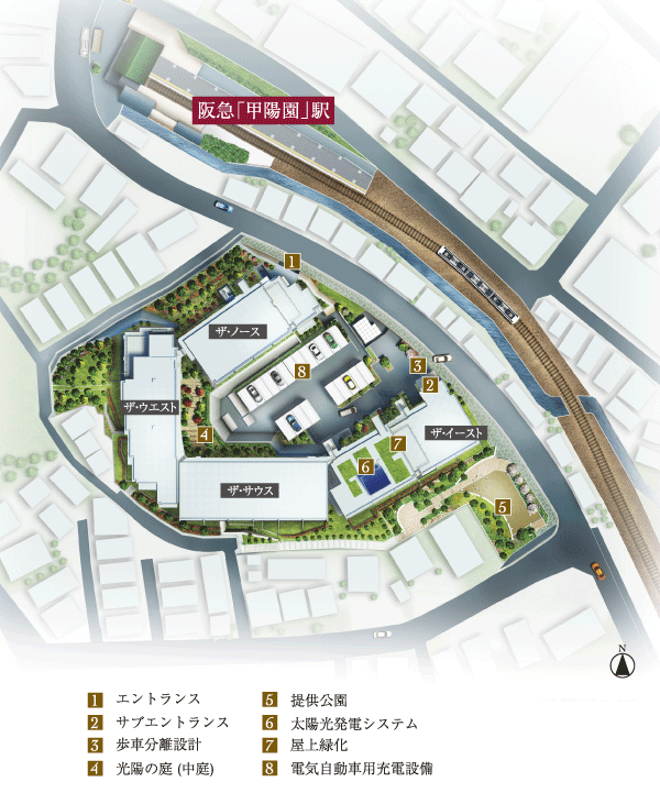 Features of the building.  [Land Plan] To stage a large-scale residences of the development area 7274.04 sq m, Place a residential building of the south-facing center consisting of four buildings (108 Eucommia 85 units). Deep relaxation and bring moisture Gwangyang garden (courtyard) and of the four seasons that have been laid out so as to surround the building trees and numerous flowers. Such as a green roof, which was taking advantage of the solar power generation system and the nature of wisdom to meet the needs of the next generation, Equipment has been placed to enrich the lives (site layout)