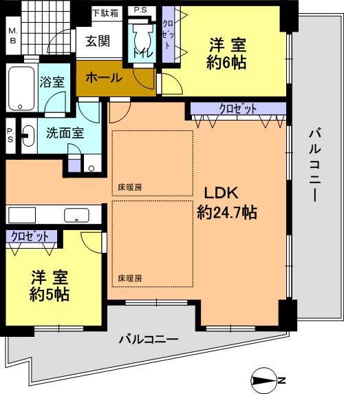 Floor plan. 2LDK, Price 36 million yen, Occupied area 73.56 sq m , Balcony area 21.17 sq m