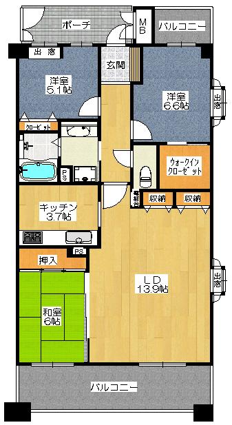 Floor plan. 3LDK, Price 32,800,000 yen, Occupied area 80.27 sq m , Balcony area 15.82 sq m