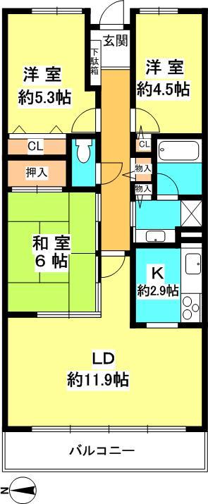 Floor plan. 3LDK, Price 32,300,000 yen, Footprint 68.9 sq m , Balcony area 6.35 sq m