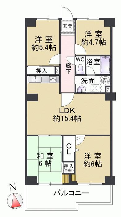 Floor plan. Large south-facing balcony is 4LDK Mansion of charm The main part is already renovation in H25.8 Shopping is conveniently located
