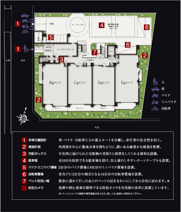 Features of the building.  [Land Plan] High open grounds of the two faces facing the public road independence. All mansion, The layout on the south-facing obtained the grace of sunlight to fully. 1 floor 4 House ~ 5 House and to, Corner dwelling unit can take the lighting area has been widely also abundantly ensure (site layout)