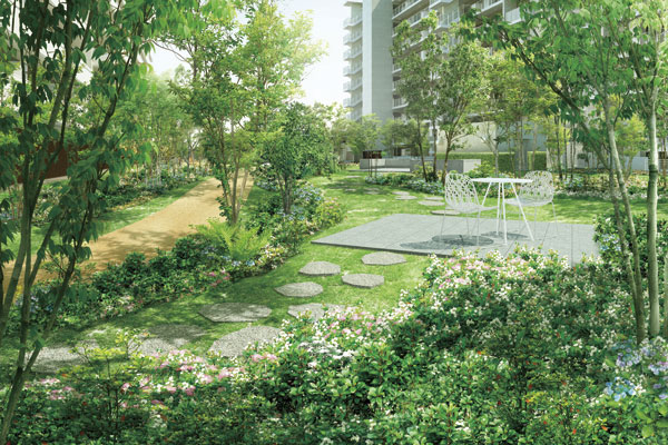 Shared facilities.  [Airy Forest] Pleasant aroma and off the sound of the trees "Airy Forest" is, Gardens is production in the forest of the image of the Rokko. To spend a relaxing time, A number of expressions of the bench have provided. We will let Shigella branches and leaves enough to go through the month and day (Rendering)