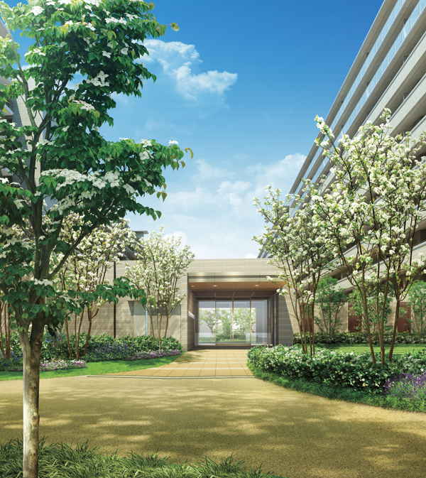 Shared facilities.  [Garden Gate] Spacious space, such as the square is open, Of site southeast side "Garden Gate". It adopted the pavement, such as interlocking, Trees and lawn, Produce a fresh space that has been refined, such as border tiles. "Rose Garden" will spread to the other side of the glass-walled entrance. And, Become a site west of the approach space is "Forest Gate". View of trees lush "forest garden" is leading to a dwelling (Rendering)